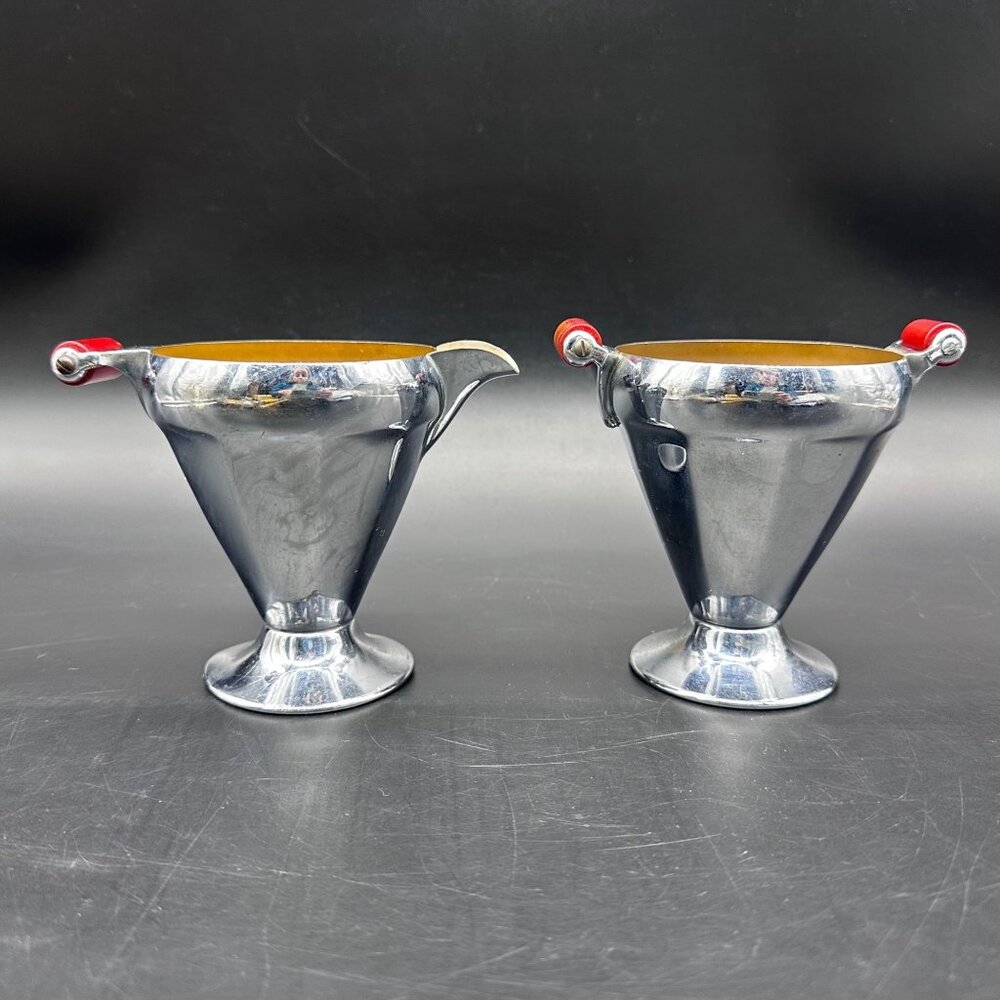 Vintage Creamer Sugar Bowl Art Deco 1930s Chrome Cherry Red Bakelite Handles - Picture 4 of 14